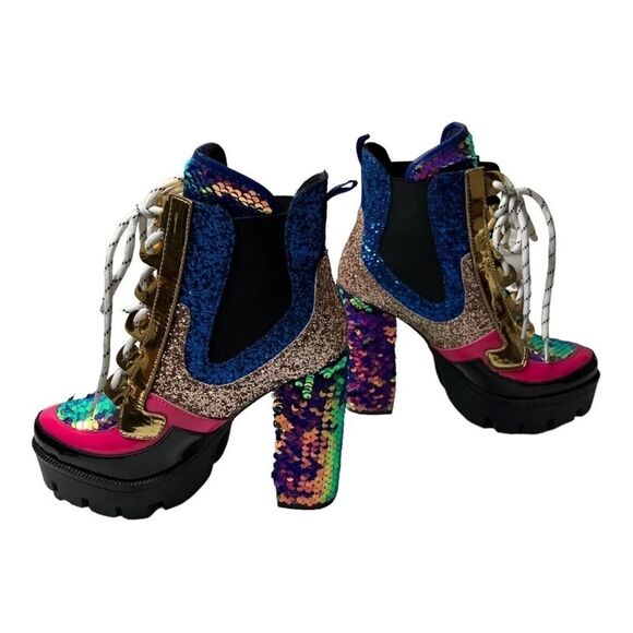 Cape Robbin Sequin Metallic Glitter Boot Heels Lace Up Rave Party Cosplay US 5.5 - Picture 1 of 11